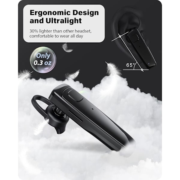 Bluetooth Headset - V5.0 Trådløs Handsfree Øretelefon Indbygget Dobbelt Mikrofon Støjreduktion, 16 Timer HD Taletid Ultralet Headset til (Sort)