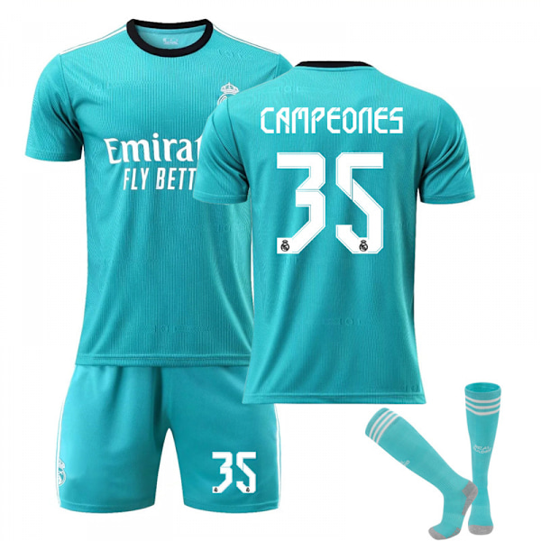 21/22 Real Madrid 2 Borte Grønn Jersey Set Barn Voksne Fotball Fotballskjorte Treningsskjorte Dress No.35 CAMPEONES No.35 CHAMPIONS 18