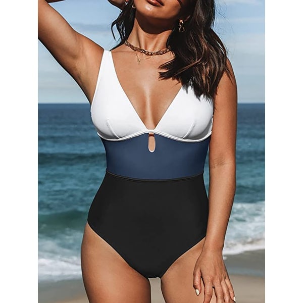Dame Plunge V-Hals Farveblok Monokini Badedragt Blå L[qb]