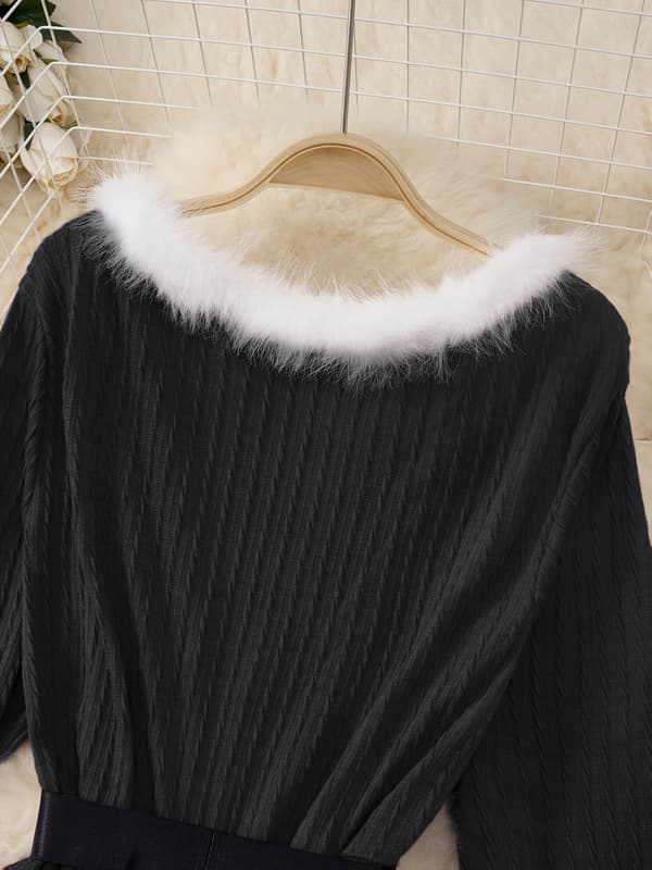 Plus Size Dam Julkväll Swingklänning Långärmad V-ringad Jacquardkantad med Bälte Black 3XL