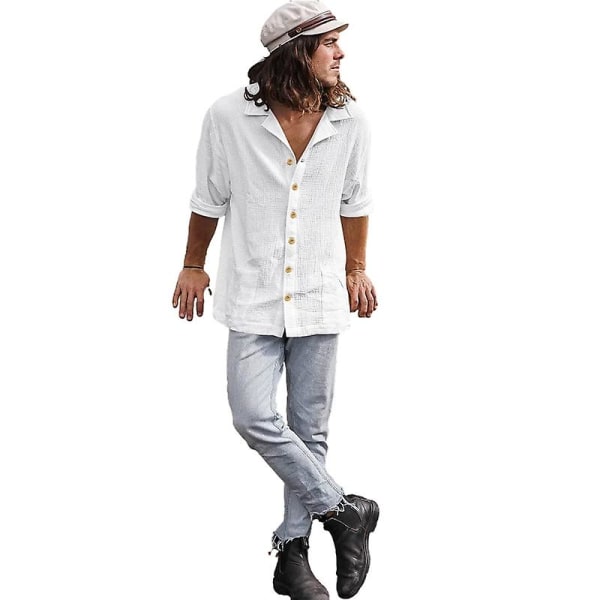 Men's Casual Long Sleeve Lapel Collar Beach Shirt White White L