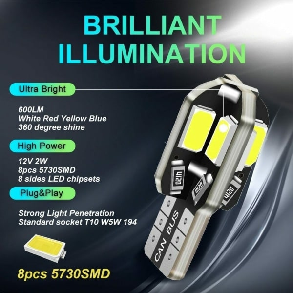 20 st W5W T10 LED-lampa Canbus 5730 8SMD 12V 6000K 194 168 LED Bil Inre Kart Dome Ljus Parkering Ljus Bil Signal Ljus