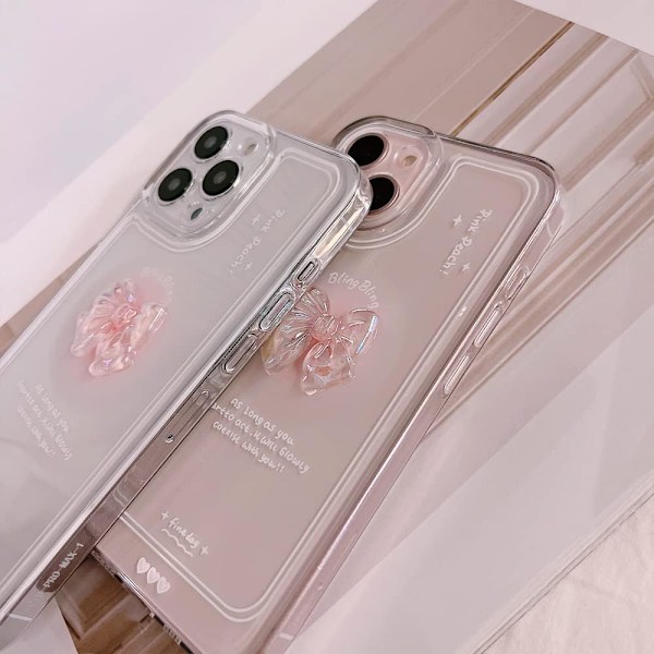 Kompatibel med iPhone-fodral, Söt 3D Rosa Rosett Smalt Transparent Estetiskt Design Kvinnor Flickor Glitter Skyddande Telefonfodral för iPhone 11