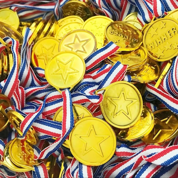 Paket med 100 plastmedaljer för barn, skola, sport eller mini-OS-medaljer