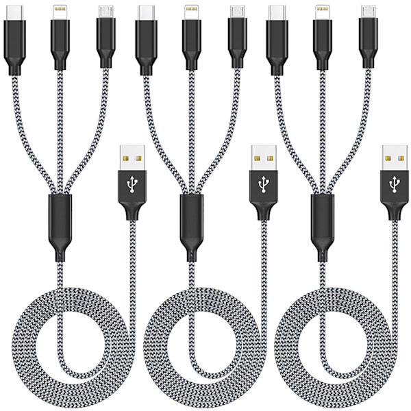 Multi-laderkabel 3-pak 4FT Multi-ladekabel Hurtig Kabel USB-ladekabel 3 i 1