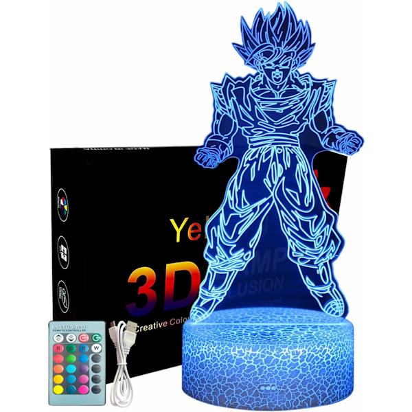 Goku 3D nattlys, Anime-lampe barn Goku 3D-lampe, fjernkontroll 16 farger skiftende LED-illusjonslampe og Art Deco-lampe, julegave, bursdagsgave, E