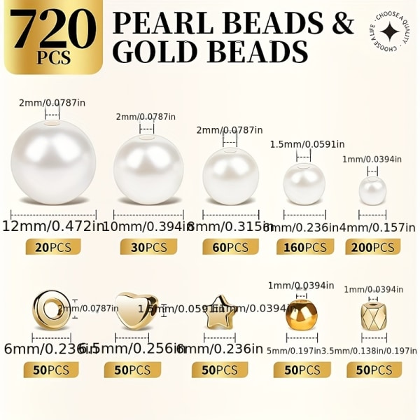 720 stk. Imitation Pearl Golden Beads Elegant Halskæde Armbånd Fremstilling Kit, Pige Venskab DIY Smykkefremstilling Håndværk Tilbehør