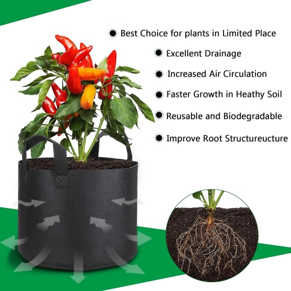 5 gallon dyrkningsposer med plantelabels, 5-pak kraftige stofpotter til planter