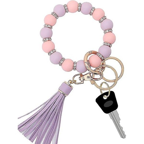 Silikon nyckelring armband för kvinnor, elastiska pärlor armband nyckelring nyckelhållare med zirkon tofs för mors dag present
