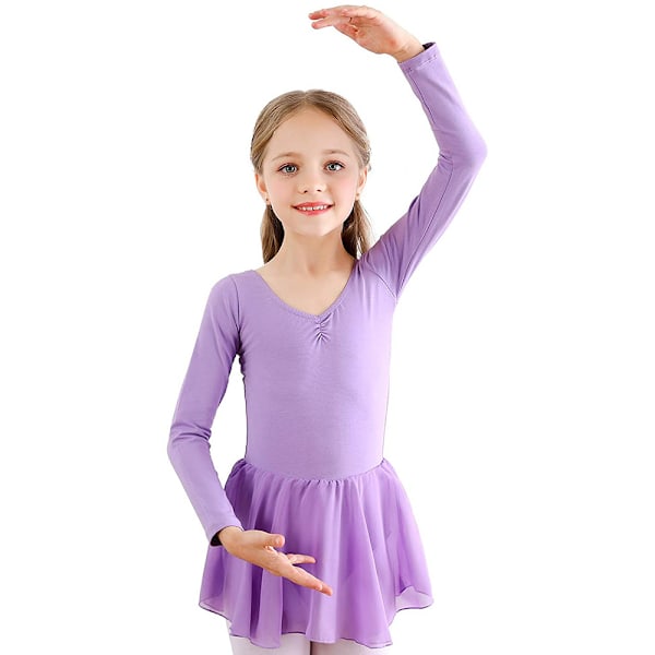 Piger Langærmet Ballet Leotards Dans Tutu Kjole Lilla Purple 110cm