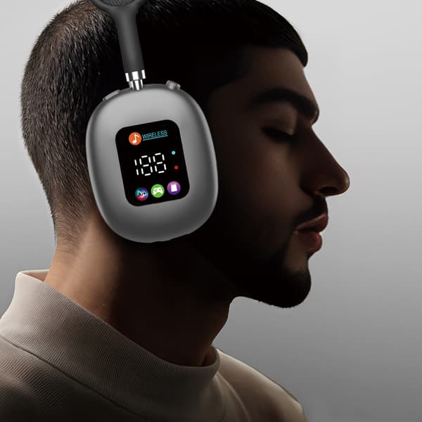 AKZ MAX600 Trådlösa Bluetooth Over-Ear Hörlurar med Digital Display, Hemmabruk silver