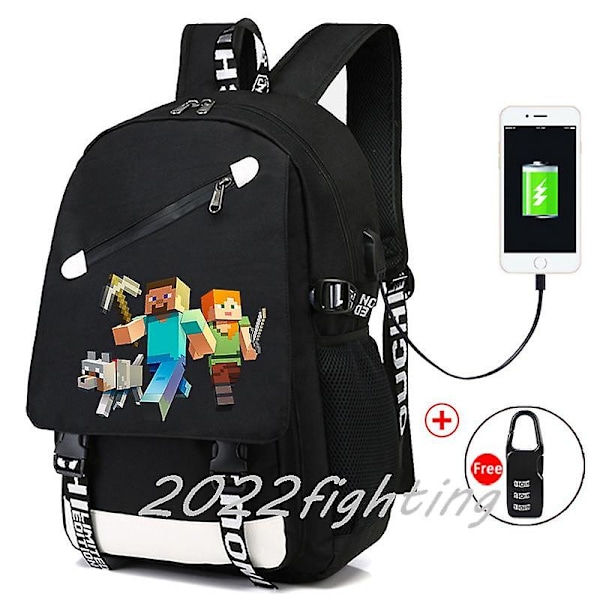 Minecraft Ryggsekk Svart USB Ladeport Vanntett Reiseveske Skoleveske 15 Tommer Dataveske Business Bag Vanntett Mochilas Gray