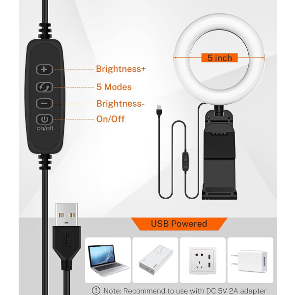 5 tommers bærbar selfie ringlys med stativ - Mini skrivebords LED telefon ringlys med dimbar 5 moduser 10 lysstyrke for sminke streaming webkamera