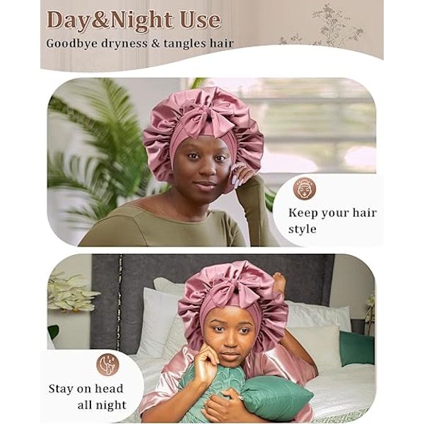 Satin Bonnet för Sömn Kvinnor Dubbellager Hårhatt med 2 st Hårsnoddar Elastiskt Band Nattkläder Bean Paste + Pink