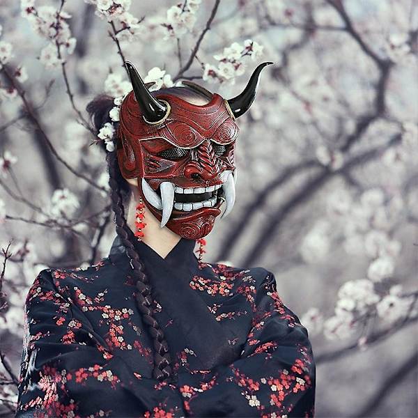 Samurai Hannya Oni Lateksi Maski Japanilainen Pelottava Hirviö Kabuki Samurai Demoni Päähine Halloween Naamiaiset Cosplay Juhlat Puku Rekvisiitta