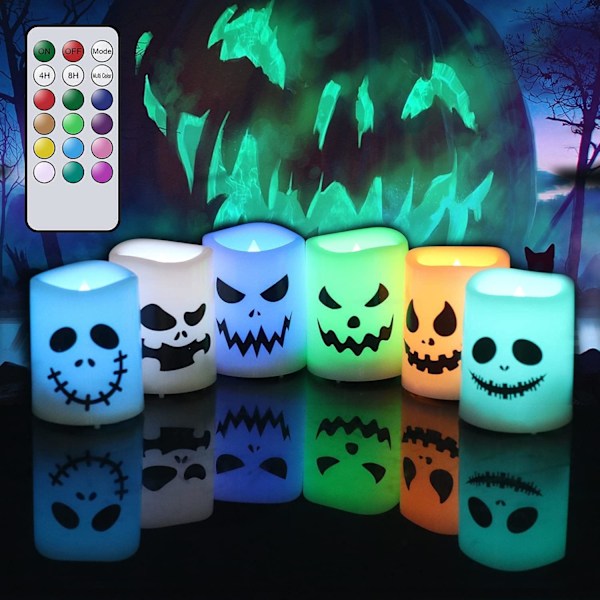 Halloween-teemaiset liekittömät kynttilät, väri vaihtuu kaukosäätimellä ja ajastimella, paristoilla toimivat LED-kynttilät, kodin sisustukseen ja lahjoiksi (6 kpl, 1,5” x 2”)(paristot mukana)