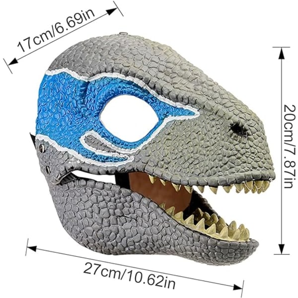 Iøynefallende dinosaurmaske, Dino-maske med bevegelig kjeve, Latex-kostyme med åpningsbart hodeplagg og bevegelig kjeve, Cosplay-fest BV