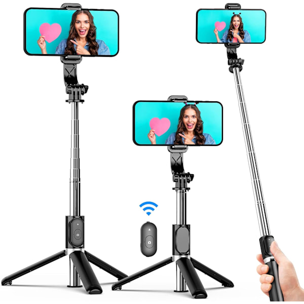 Selfie Stick Tripod All-in-one - Trækbar, bærbar iPhone-stativ med trådløs fjernbetjening - Kompatibel med iPhone 14 13 12 11 pro Xs Max Xr