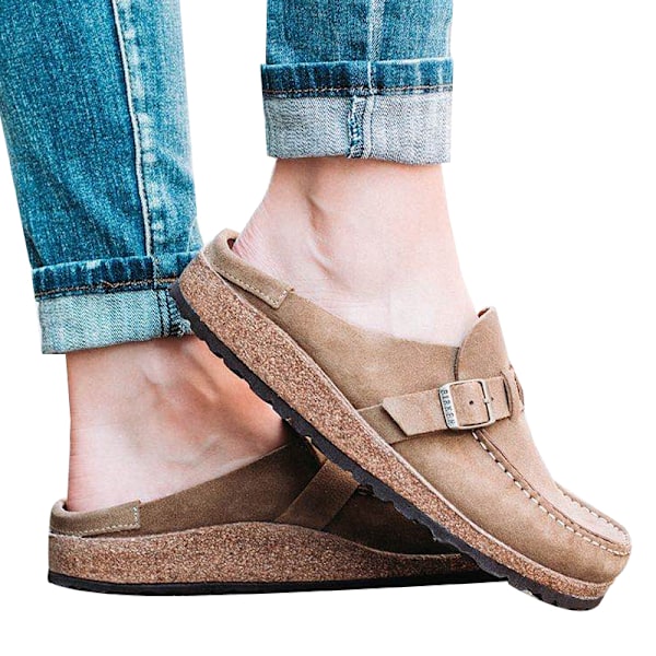 Damesko med spænde og slip-on-tøfler. Brun Brown 36