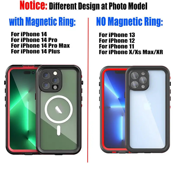 IP68 vedenkestävä iPhone 15 14 13 12 11 Pro Max XS Max XR 7 8 -kotelo RedPepper läpinäkyvä suojus sukellus vedenalainen uinti ulkoilulajit RD hihnalla RD with Strap iPhone SE3 2022