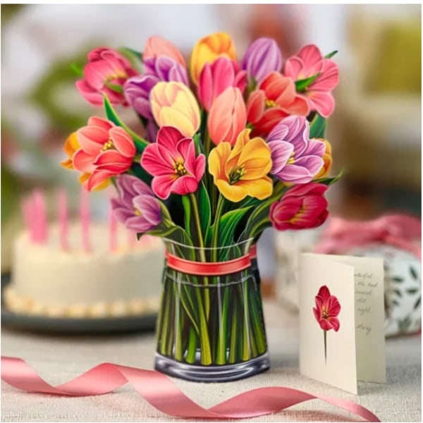 Pop Up Blombukett Gratulationskort Mors Dag Present Tulip greeting card