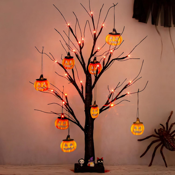 Halloween Innendørs Dekor, 2FT Halloween Tre med 24 Orange Lys og 8 Gresskarpynt, Opplyst Halloween Dekorasjon Svart Tre