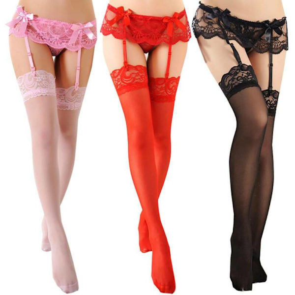 Naiset Seksi Pitsi Reisi-Sukat + Olkaimet Vyö Pidikkeet Punainen red one size