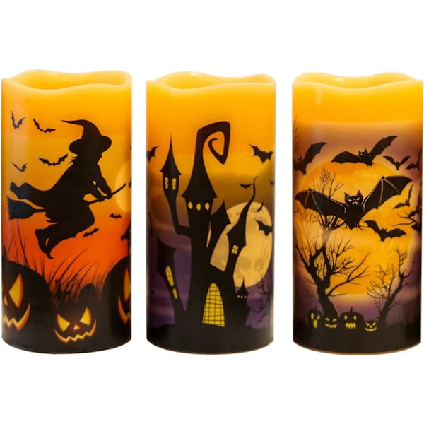 Halloween Flameless Candles, LED Flickering with 6H Timer and Pumpkin Stickers, Scary Halloween Festival with 3 (D 7.6cm x H 10.16cm (5in) 5in 6in)