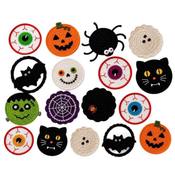 Heklede Halloween-brikker, håndlagde gresskar-spøkelse-monster-garn-drikkebrikker til borddekor Button Ghost