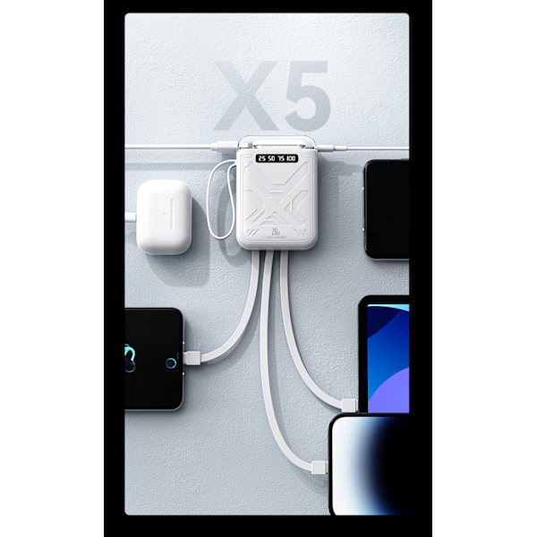 10000 mAh suurikapasiteettinen pikalataus power bank sisäänrakennetulla kaapelilla