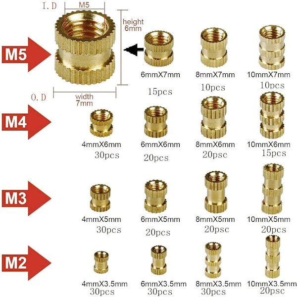 Kierteillä varustetut holkit, naaraskierre M2 M3 M4 M5, messinkiset kierteitetyt holkit 3D-tulostukseen, 330 kpl