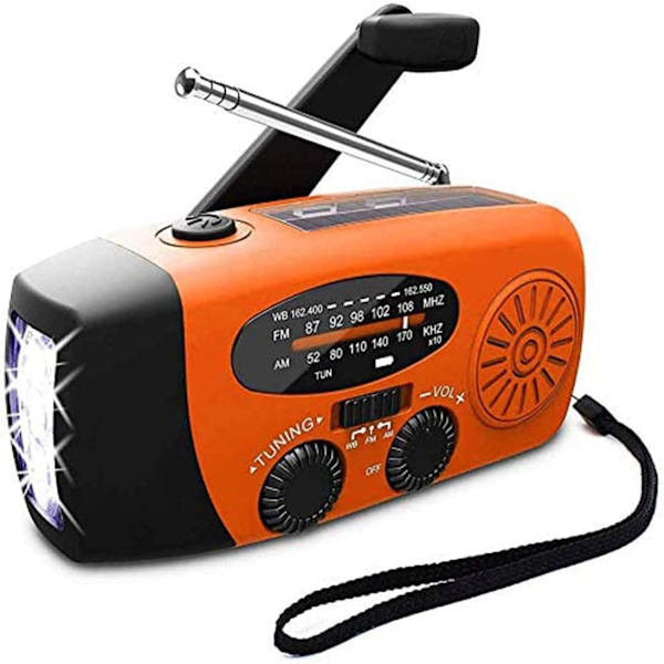 Solcellsladdad nödradio, självdriven vevradio med LED-ficklampa, AM/FM/WB väderradio med 2000mAh uppladdningsbart batteri, orange