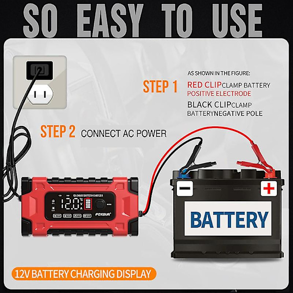 Stor display billader for bil, billader, intelligent pulslader, motorsykkel batterilader, lader smart avslutning, biltilbehør, automatisk bryter