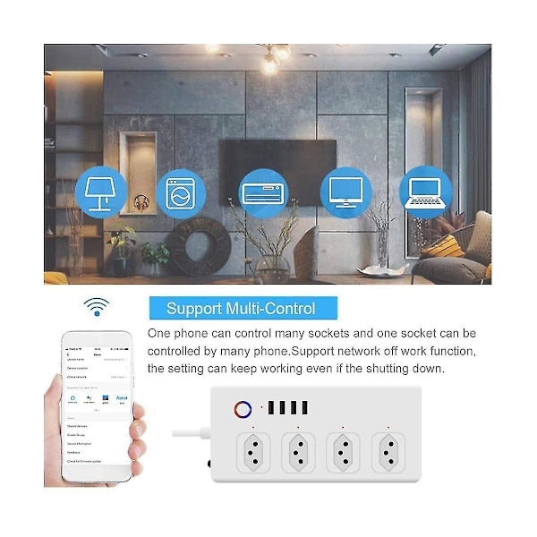 ZigBee Smart Plug Power Strip Brasil Forlengelsesledning Stemmestyring og Fjernkontroll & Tidsplan Smart Hjem Stikkontakt