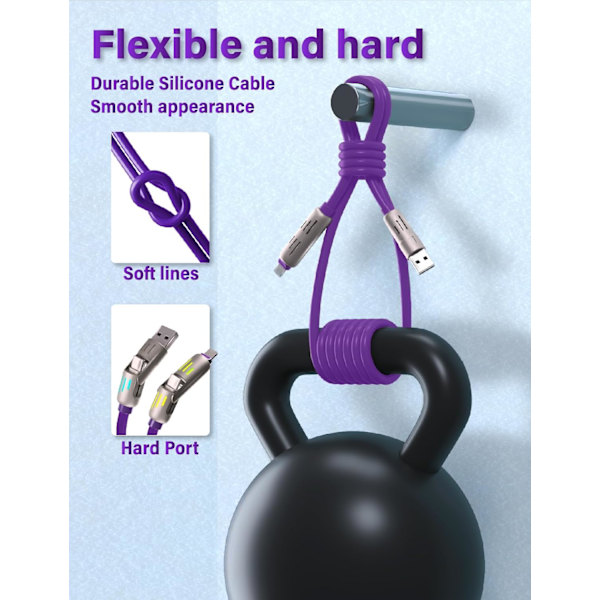 240W 4-i-1 USB-C Kabel, Multi Lader med Pustende Lys, PD 5A Multi Hurtiglading & Data Synkronisering Silikon Kompatibel med iPhone Samsung [qb] Purple 1.5m