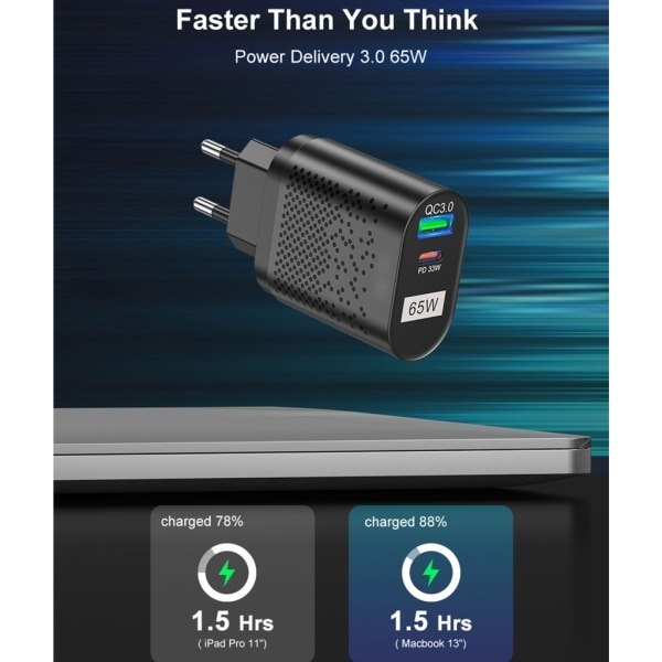 US/EU/UK/KR 65W GaN-oplader til QC 3.0 USB PD vægoplader Type C USB hurtigoplader til bærbar telefon Power Bank-adapter hvid - EU-Xin