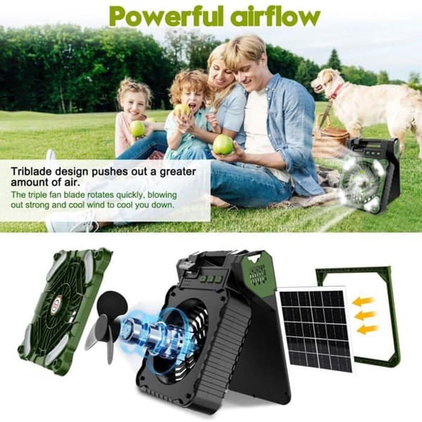Oppladbar solcellevifte 5200 mAh Timer og 4 hastigheter Ideell for camping