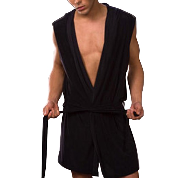 Men's Silky Bathrobe Pajamas Hooded Robe Sleepwear Sleeveless Black