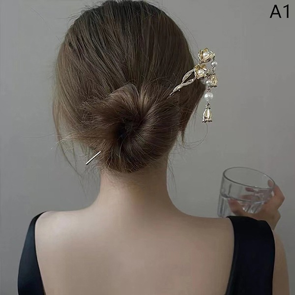 Vintage Style Hanfu Hårpinne Kvinnor Metall Blomster Hår Gaffel Ha Gold