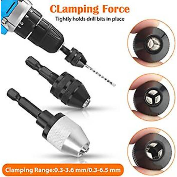 Nyckellös borrchuck-omvandlarverktyg 2 st 1/4 tum sexkantskaft Nyckellös borrchuckadapter 0,3-6,5 mm och 0,3-3,6 mm Snabbväxlande mikroborromvandlare