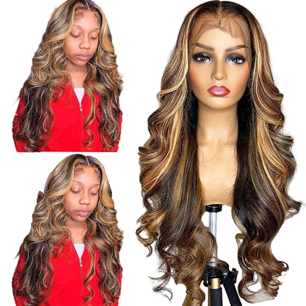 Blonde Parykk med Blonder foran, Menneskehår, Pre Plucked, HD Body Wave Blonde Parykk med Blonder foran Brown 22in