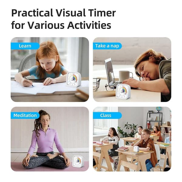 60-Minutters Visuel Timer med Natlampe, Nedtællingstimer, Pomodoro-Timer med Regnbue-Mønster til Børn og VoksneBY White