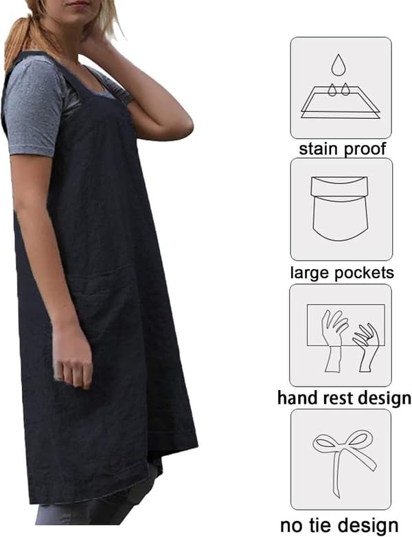 Kryssforkle for kvinner med lommer for hagearbeid, matlaging, maling, baking og arbeid - M - Svart