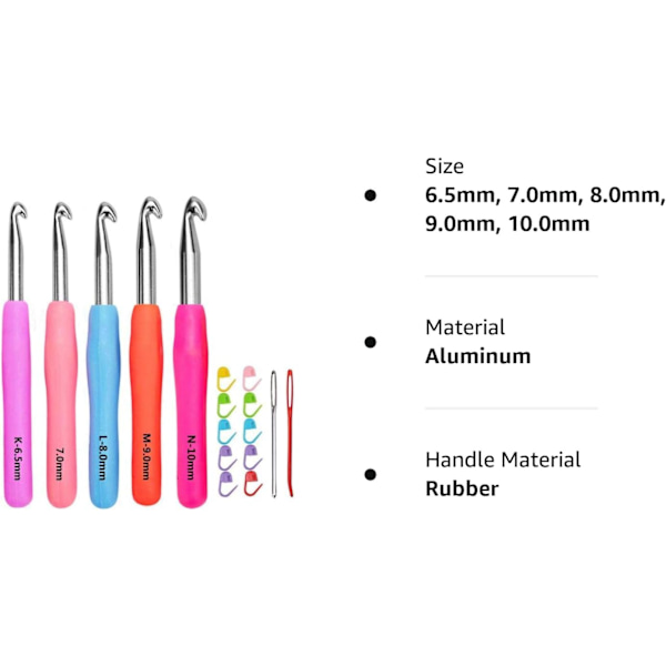 Størrelse 6,5 mm 7,0 mm 8,0 mm 9,0 mm 10,0 mm Heklenålesett Ergonomisk grep Mykt håndtak Heklenål i aluminium Størrelse KLMN/P i etui