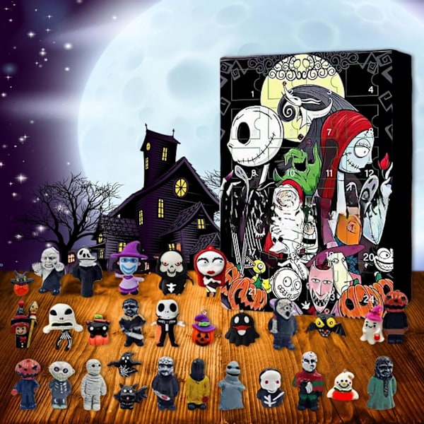 Halloween-Adventskalender 2024 Uppgraderad Adventskalender, Nightmare, Kalender Innehåller 24 Gåvor, Halloween Läskig Dock Horrorfigurer Present till Barn (A) Halloween New A