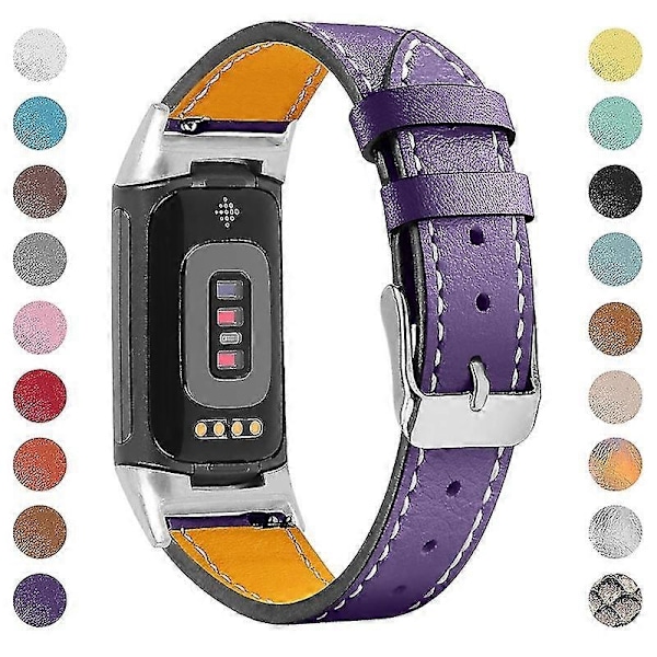 Premium Äkta Läder Justerbart Armband för Fitbit Charge 6/5 - Perfekt Lila Purple Fitbit Charge 6