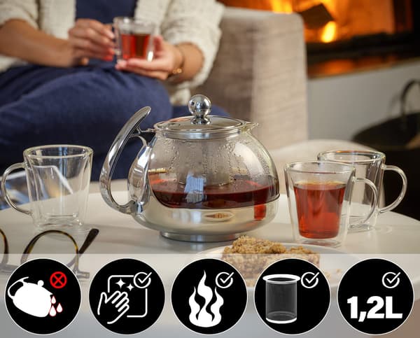Glas tekande med si indsats aftagelig rustfrit stål 1200ml