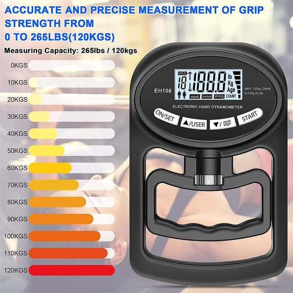 Hånddynamometer 120 kg - Elektronisk grepstyrketester, Svart