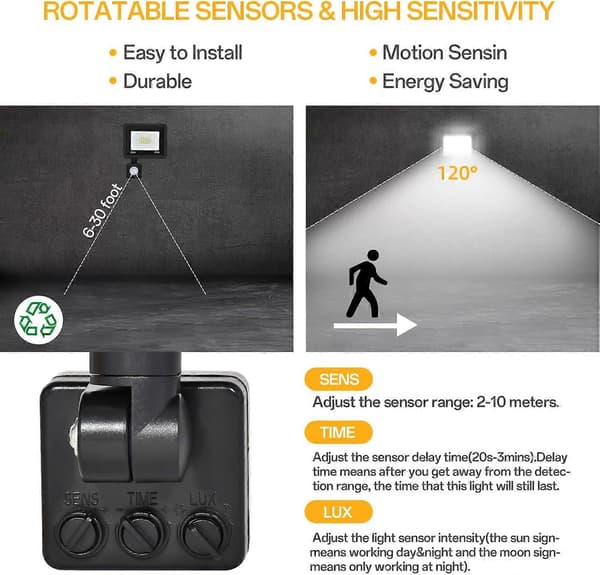 Utomhus rörelsesensor strålkastare 20W plugin LED säkerhetslampa IP66 vattentät 6000K Superljus