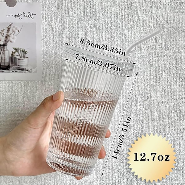 Glas Tumlare Randig Glaskopp Kaffekopp Med Lock Och Sugrör LOCK